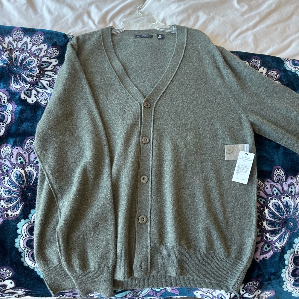 Brand New Men's L Saks Fifth Avenue Green Cashmere Cardigan Sweater